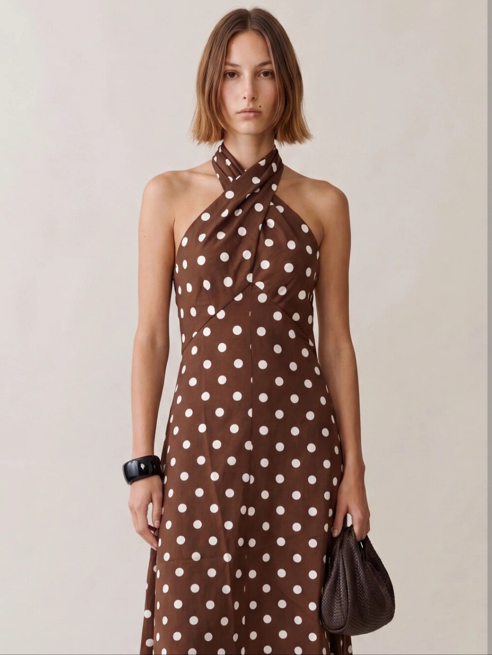 Few Moda Brown Polka Dot Halter Midi Dress with Cross-Neck